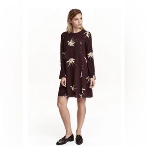 H&M Plum Floral Long Sleeve A-Line Flared Dress Size 10